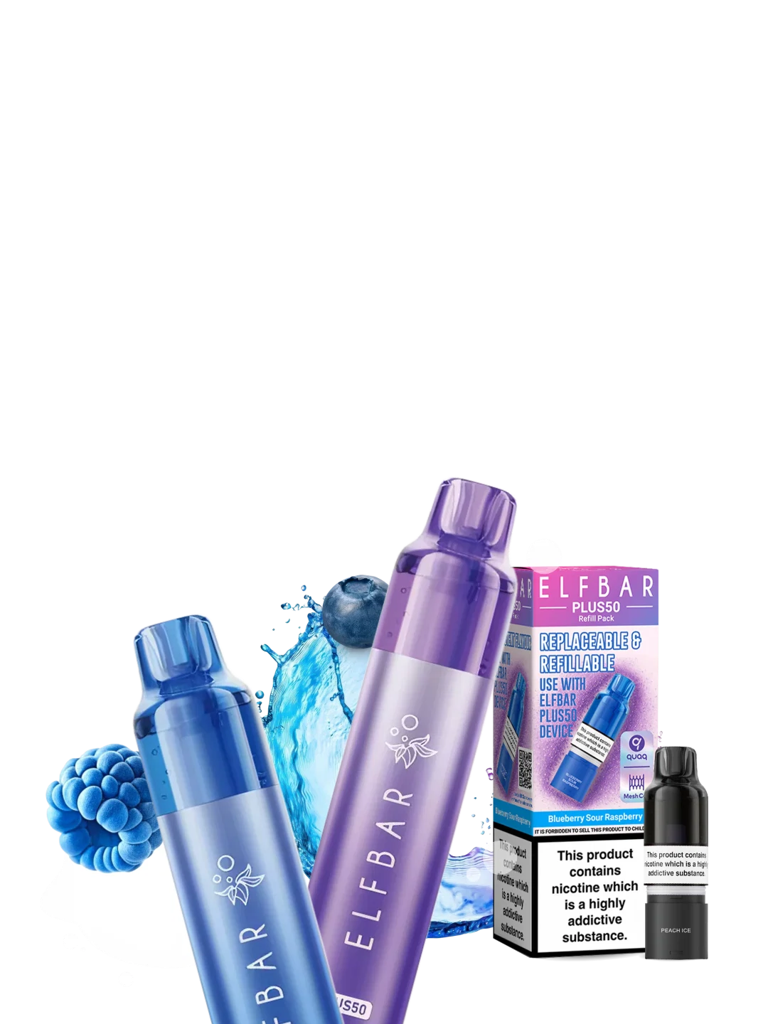 Elf Bar Plus 12 pre-filled pod kits and refill packs on a blue and purple background at eSmokeStore vape shop ireland.