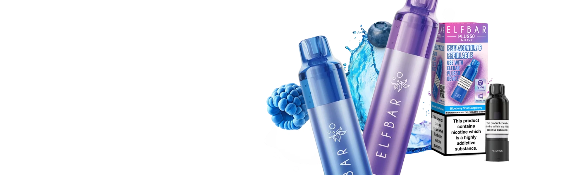 Elf Bar Plus 12 pre-filled pod kits and refill packs on a blue and purple background at eSmokeStore vape shop ireland.