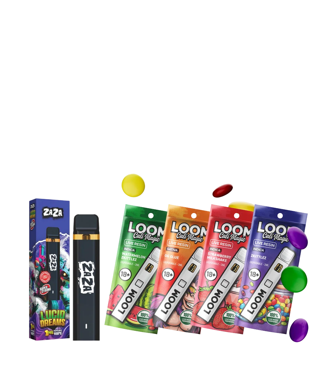 Legal HHC alternatives promotional banner featuring Zaza and Loom Cali Magic vape pens on a teal and dark blue background at eSmokeStore vape shop ireland.