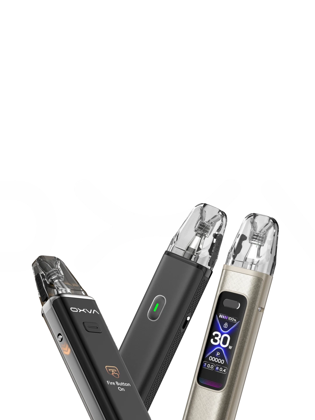 Premium OXVA Xlim series vape kits showing sleek refillable designs and smart OLED screens on a peach and purple background at eSmokeStore vape shop ireland.